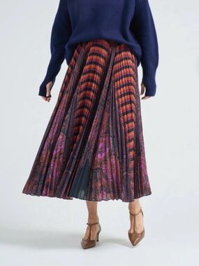 Ulla Johnson Rust, Black & Purple Pleated Midi Dress